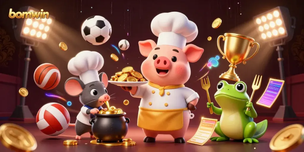 Join the thrilling world of bomwin with a lively 3D scene showcasing gambling elements.