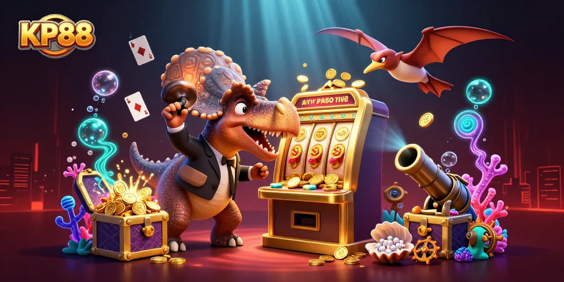 KP88 showcases a vibrant jackpot scene with gaming characters amidst shining coins and prizes.