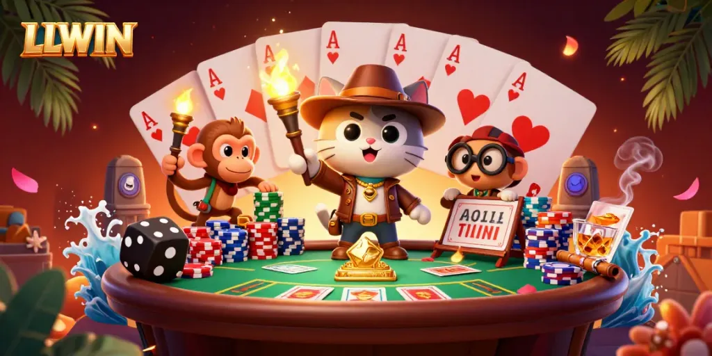 Engage in thrilling adventures at LLWIN with vibrant casino-themed 3D illustration.