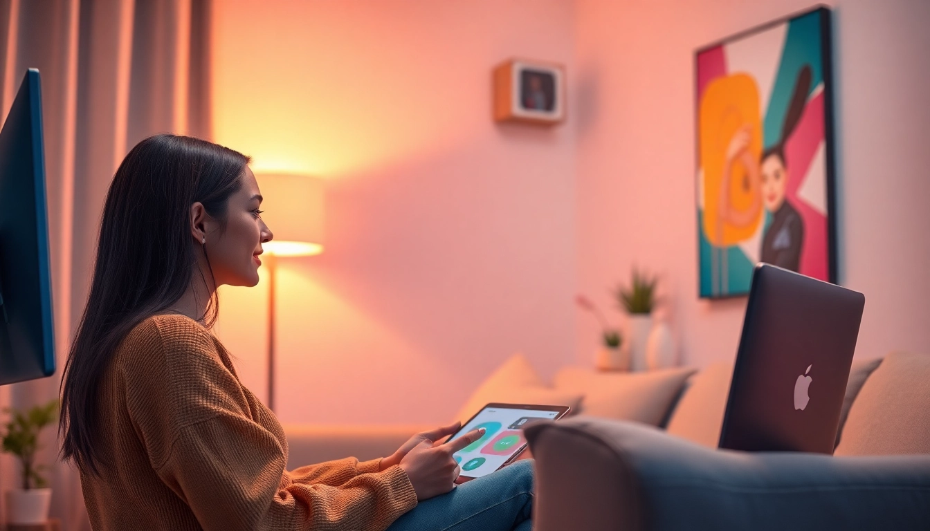 Interactive AI sex chat with a friendly female character in a modern virtual space.