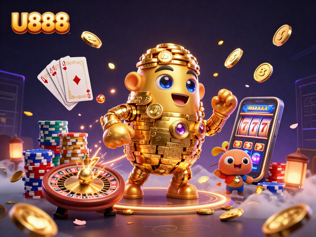 Experience thrilling wins at U888 with the golden golem and exciting casino elements in this dynamic illustration.