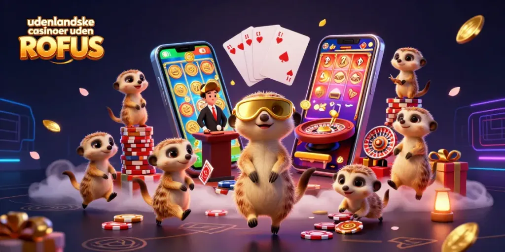 Experience the excitement of udenlandske casinoer uden ROFUS with animated meerkats in a vibrant casino scene.