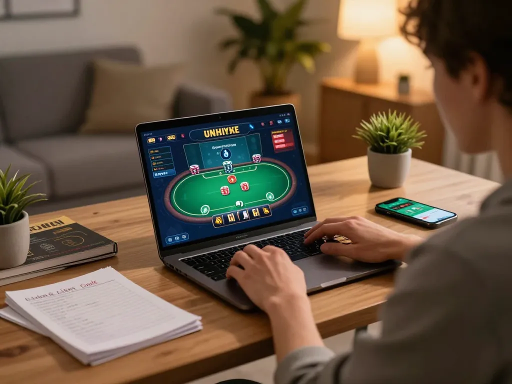 Player engages with bl5555's casino app on laptop, reviewing betting strategies in a modern home setup.
