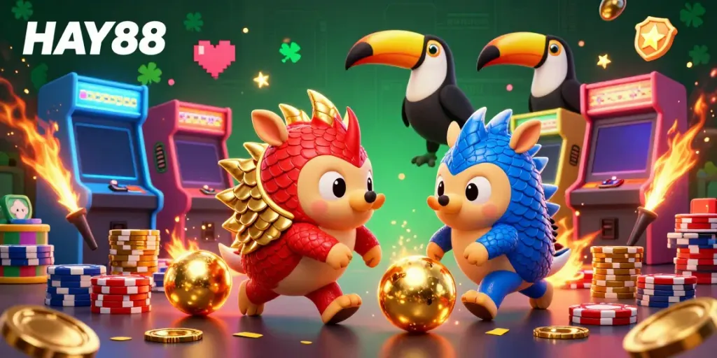 Join the thrilling action with HAY88 as rival pangolins bowl through poker chips in a vibrant casino scene.