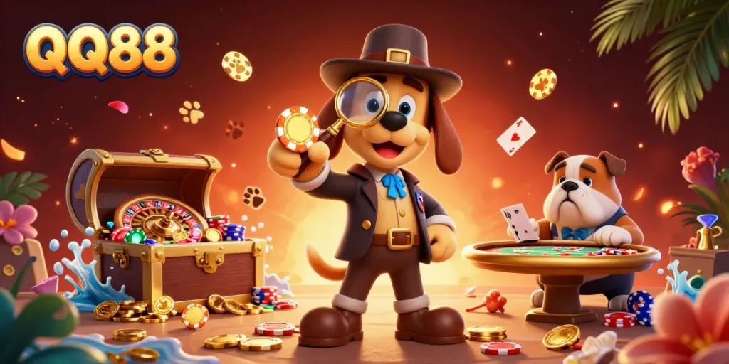 Engage in thrilling games at QQ88 with characters exploring a vibrant treasure-filled casino