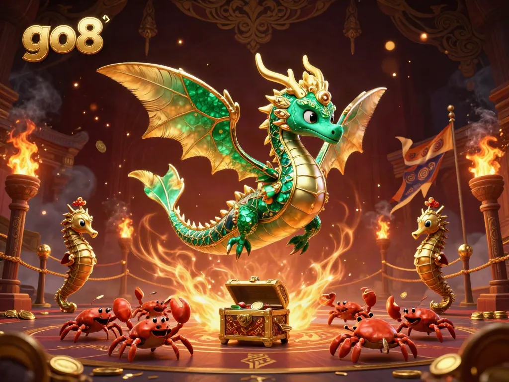 Engage in the action at go8 with an eye-catching illustration featuring dragon and treasure elements.