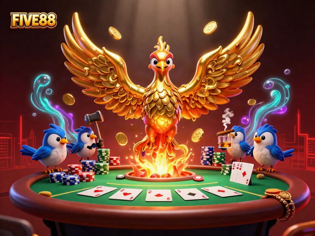 Experience the dynamic action of FIVE88 with a golden phoenix and poker elements.