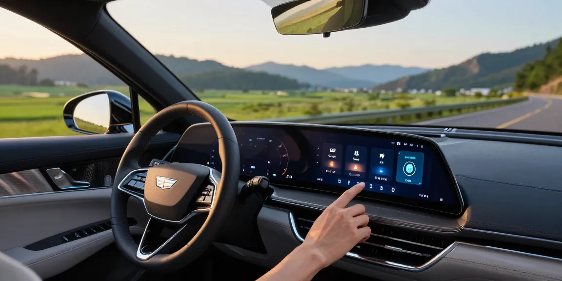 Cadillac Lyriq driving modes showcasing different ranges or battery usages with driver adjusting settings.