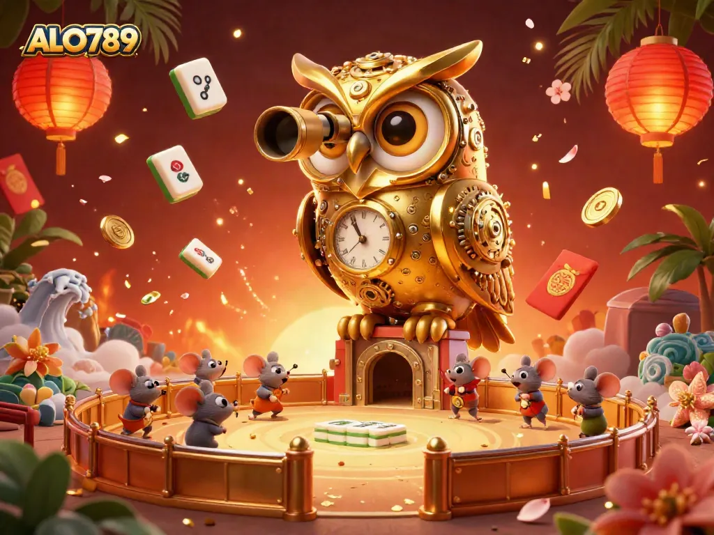 Experience thrilling cockfighting action at ALO789 with a golden owl overseeing the animated arena.