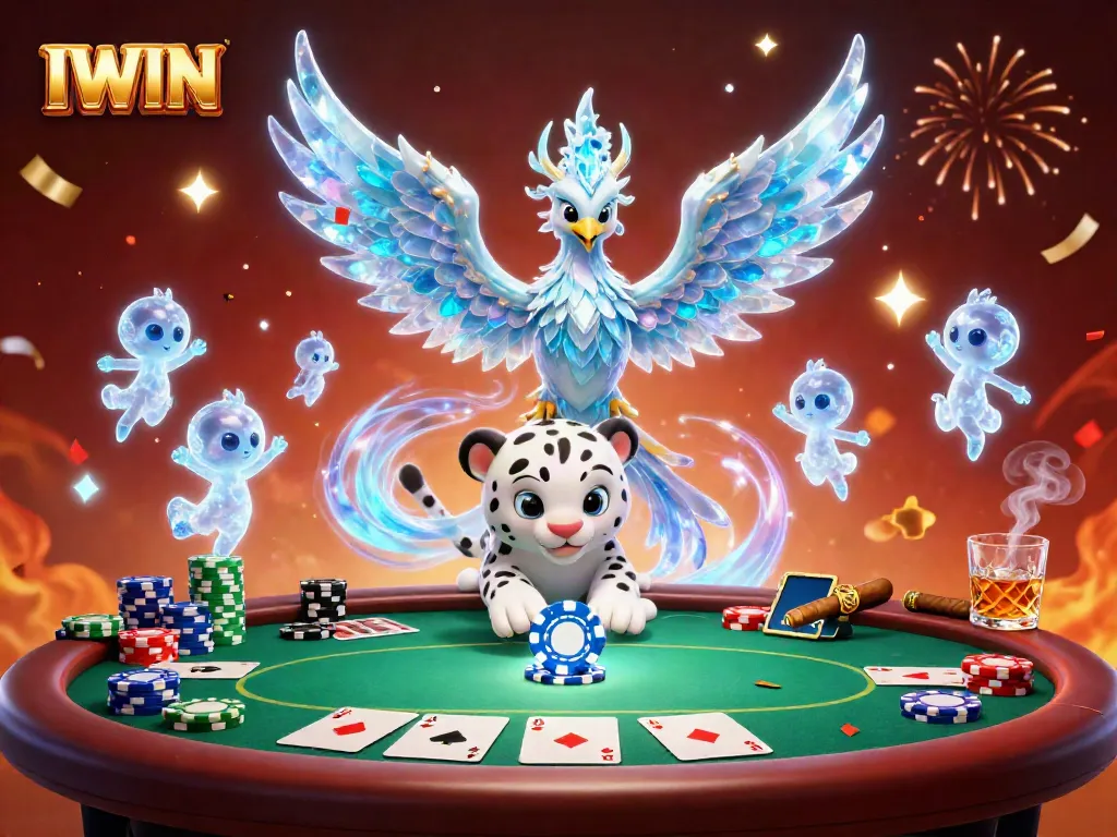 IWIN offers a vibrant casino scene with an ice phoenix, poker elements, and confetti for online players.