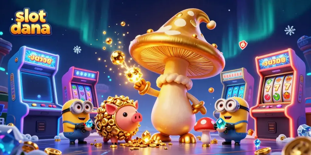 Ilustrasi slot dana menampilkan wizard cendawan emas dengan kekuatan magis, dikelilingi mesin permainan cerah dan simbol keberuntungan.