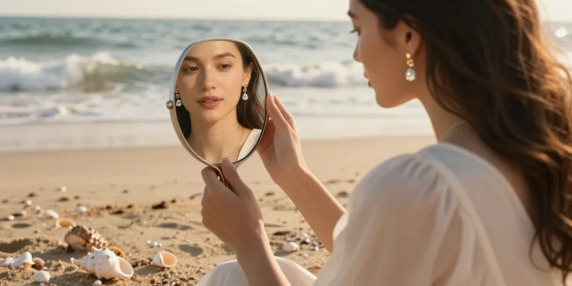 Dainty jewellery UK shining elegantly on a woman at the beach, reflecting coastal beauty.