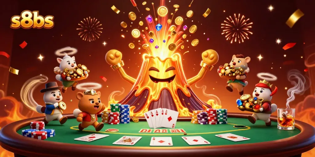 S8BS players celebrate a big win with golden volcano erupting treasure, casino elements, and poker chips.