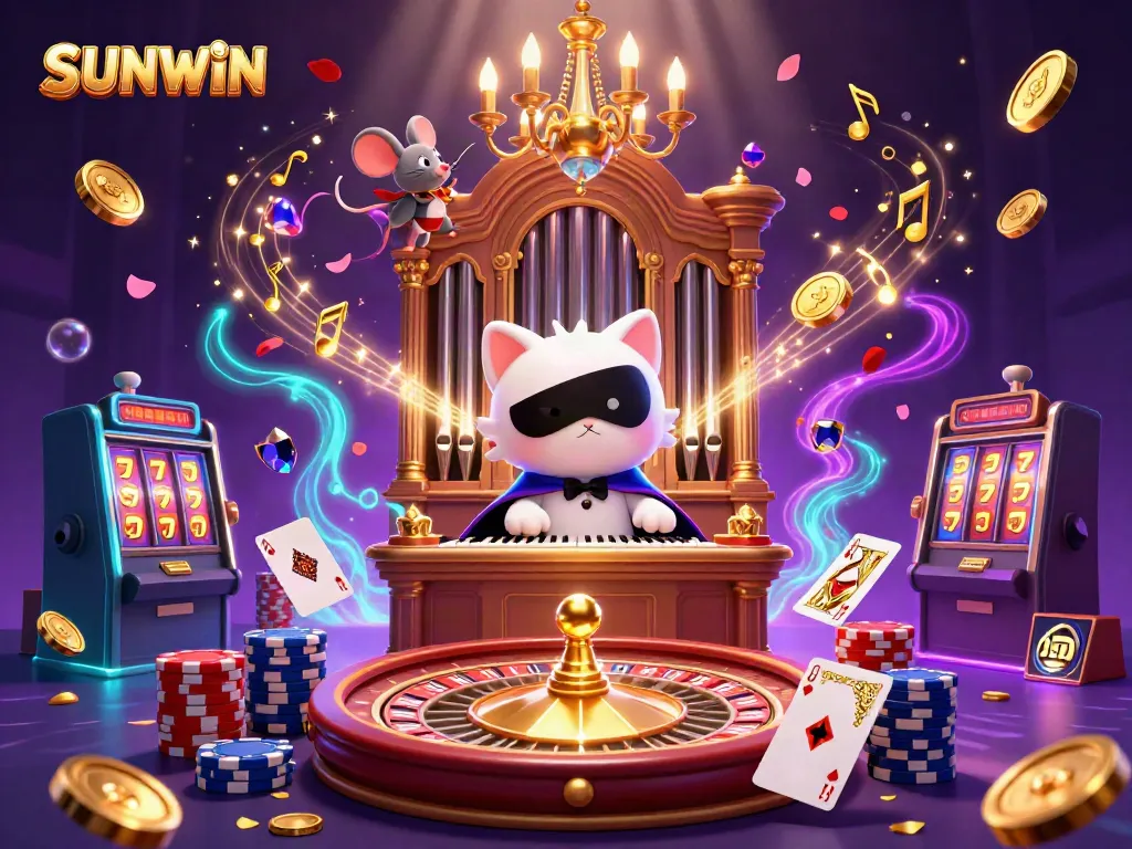 Experience thrilling gameplay with SUNWIN amid cascading coins and vibrant casino elements.