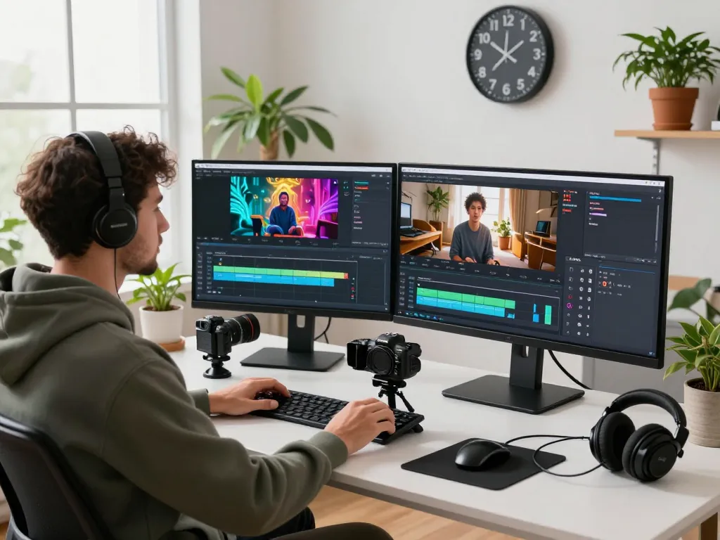 An energetic workspace showcasing ai seedance 2.0 in action with a content creator utilizing advanced video generation tools to produce stunning animations.