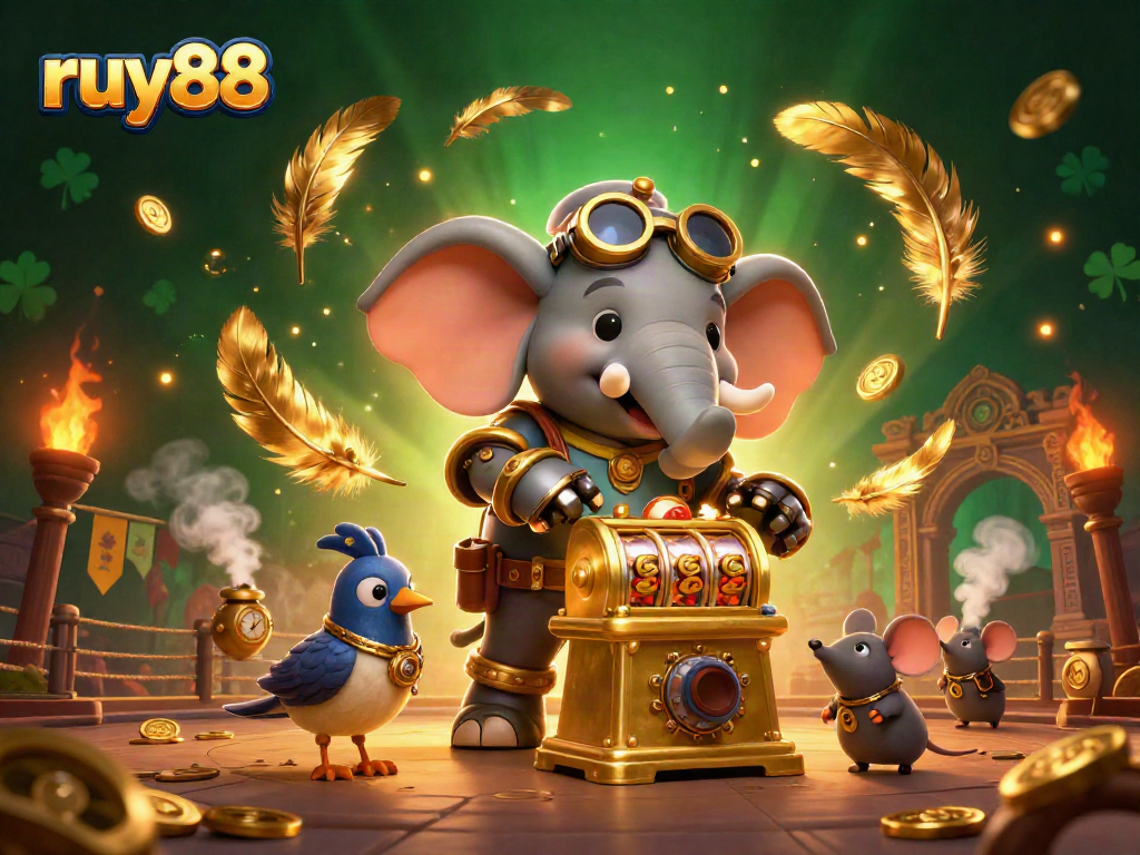 Engage in thrilling gameplay at ruy88 with a steampunk elephant at a vivid slot machine.