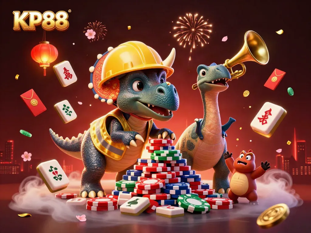Experience fun at KP88 with a lively scene featuring cheerful characters and festive casino elements.