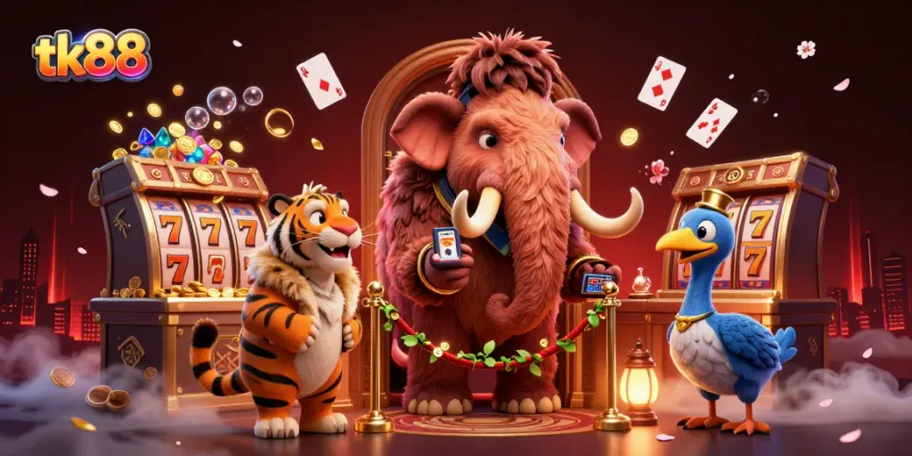 Experience high-stakes gaming with tk88 as a woolly mammoth bouncer checks IDs at a vibrant casino entrance.