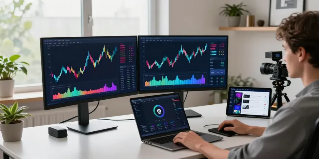 CryptoDenisNFT inspired trading workspace with modern tech and crypto elements.