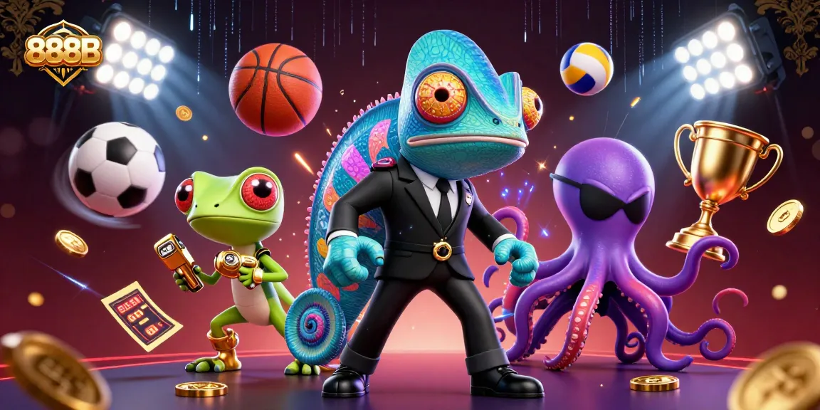 Engage with 888B's thrilling betting scene featuring colorful characters and dynamic sports elements.