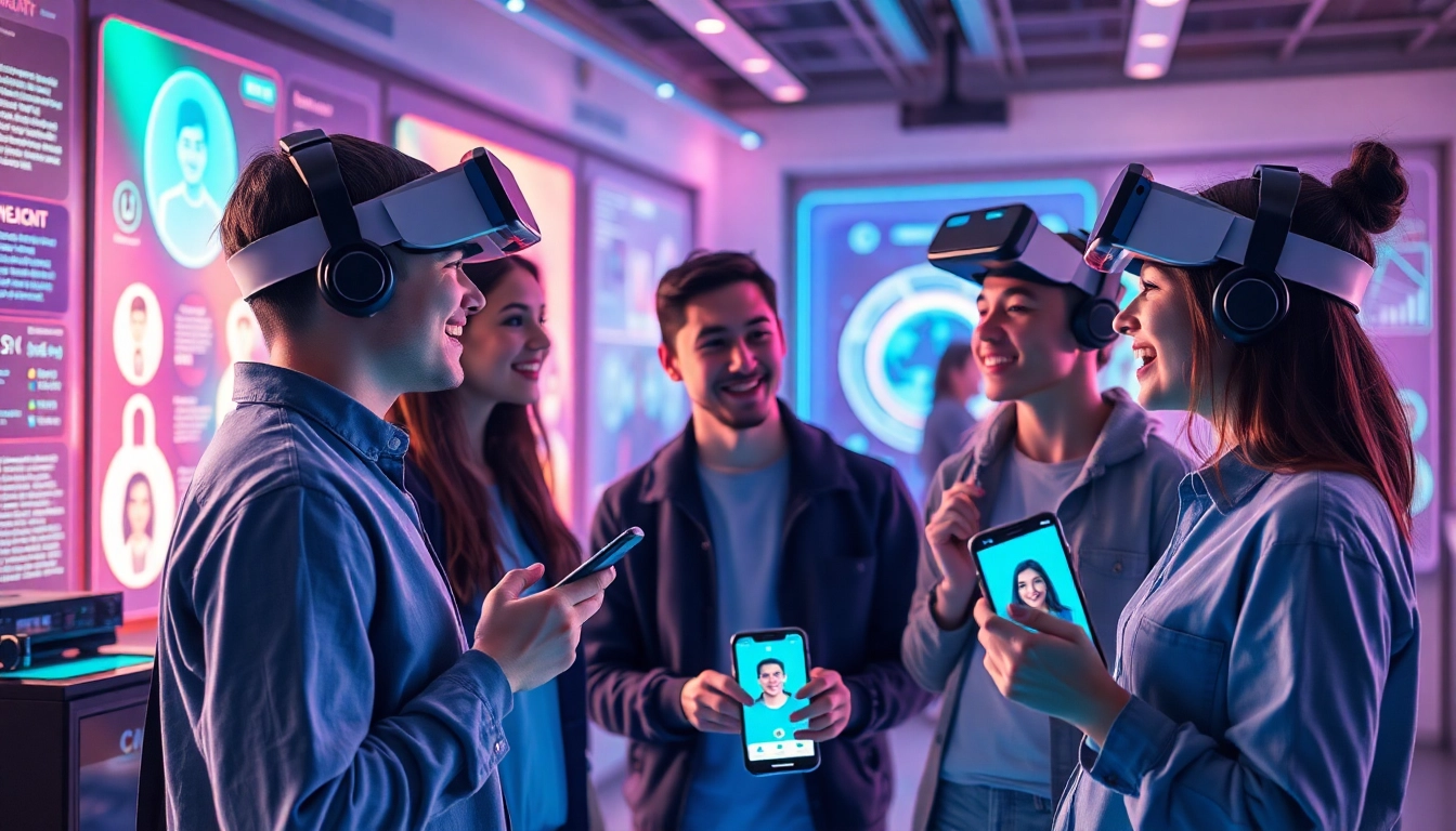 Dynamic scene of Crushon users interacting with AI avatars in a vibrant tech environment, showcasing innovation and connectivity.