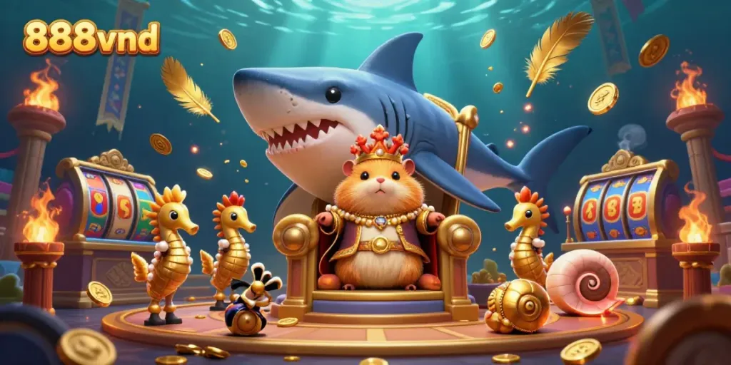 Engage in the thrilling world of 888vnd gaming with a vivid, energetic illustration featuring a golden hamster king amidst a vibrant casino scene.