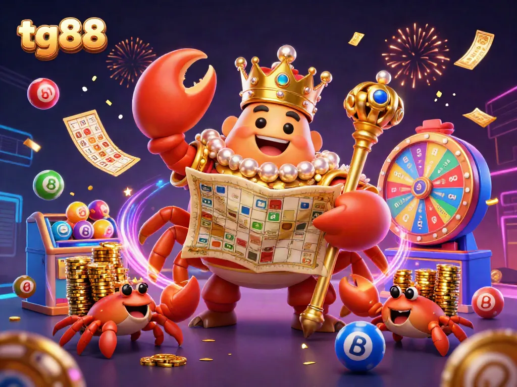 Join the excitement at tg88 with a vibrant casino scene featuring a golden crab emperor and colorful games.
