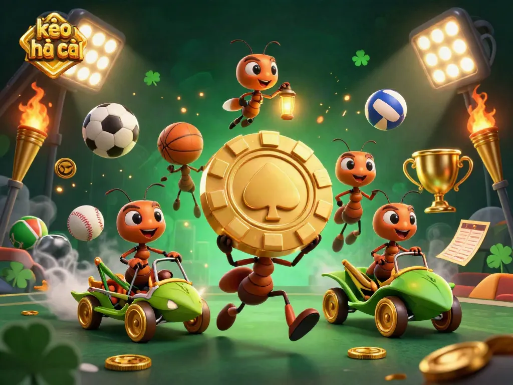 Engaging illustration depicting kèo nhà cái as ants carry a massive golden chip, surrounded by dynamic sports elements.