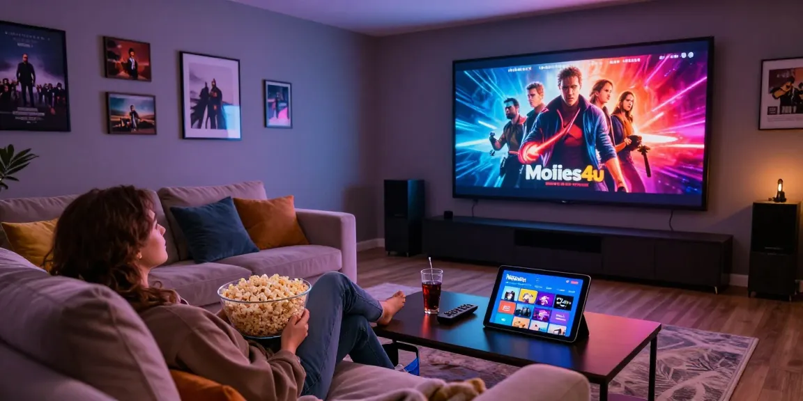 Enjoying the latest movie from movie4u in a cozy home theater with popcorn and soda.
