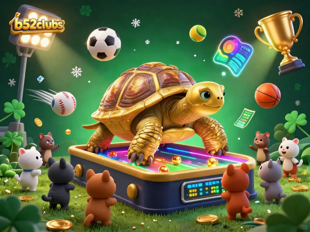 Engage in thrilling action at b52clubs with a colorful pinball tortoise and sports elements.