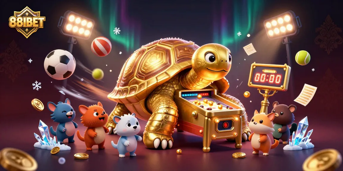 Engage in thrilling gaming at 88IBET with a lively casino scene featuring a golden tortoise and sports elements.