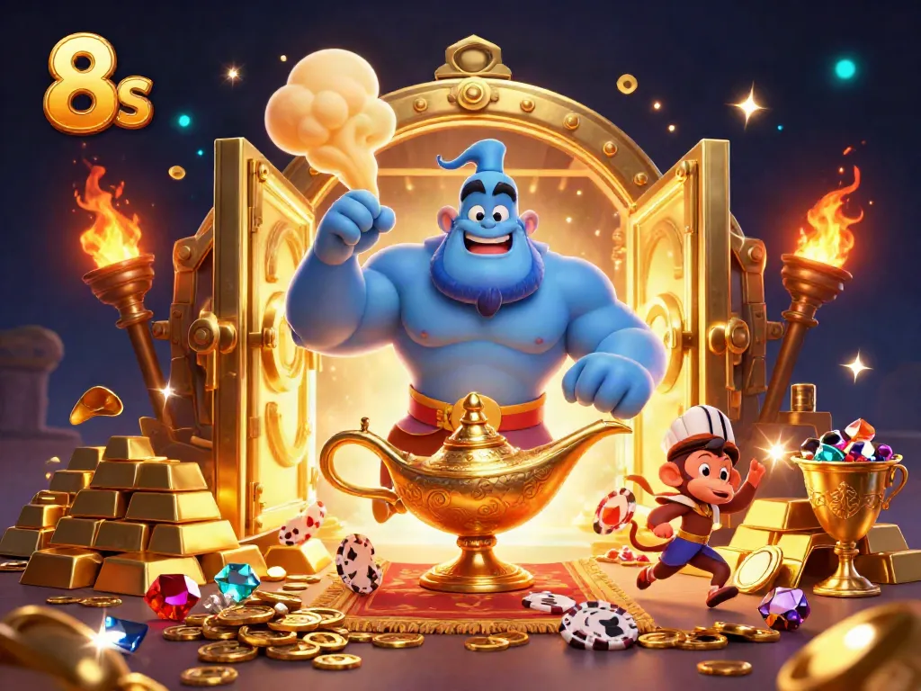 Engage in thrilling gambling adventures at 8s with a vibrant casino scene filled with treasures.