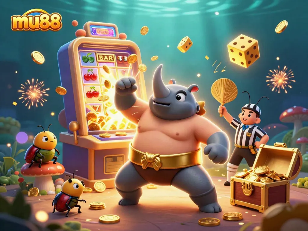 Engage in exciting gameplay at mu88 as a rhinoceros beetle champion celebrates with flying coins and jackpot bursts.