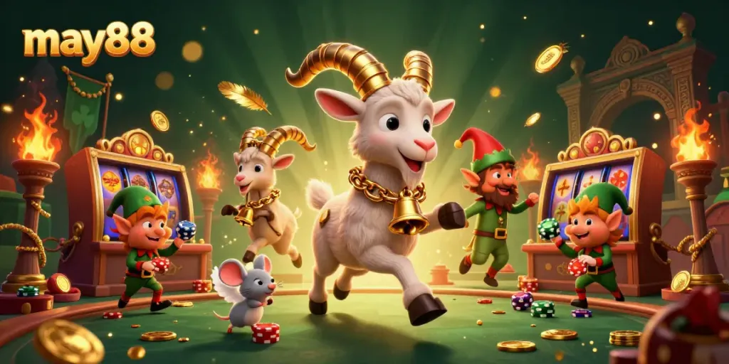 Experience thrilling casino excitement at may88 with cartoon characters winning big amidst vibrant game elements.