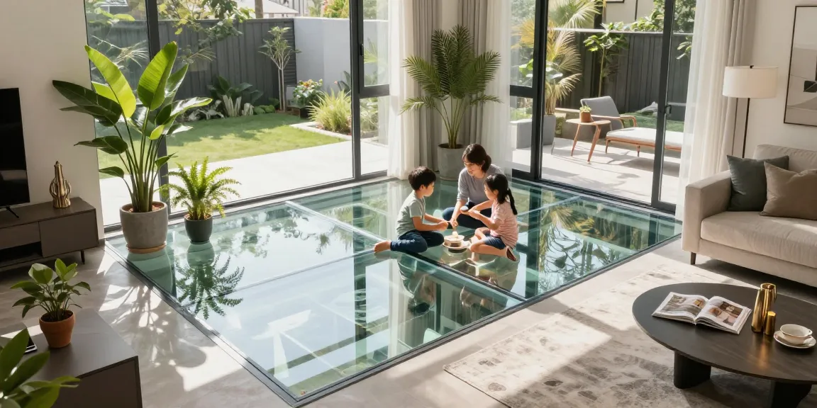 Innovative architectural glass flooring brightens a modern living room, enhancing the home's style and elegance.