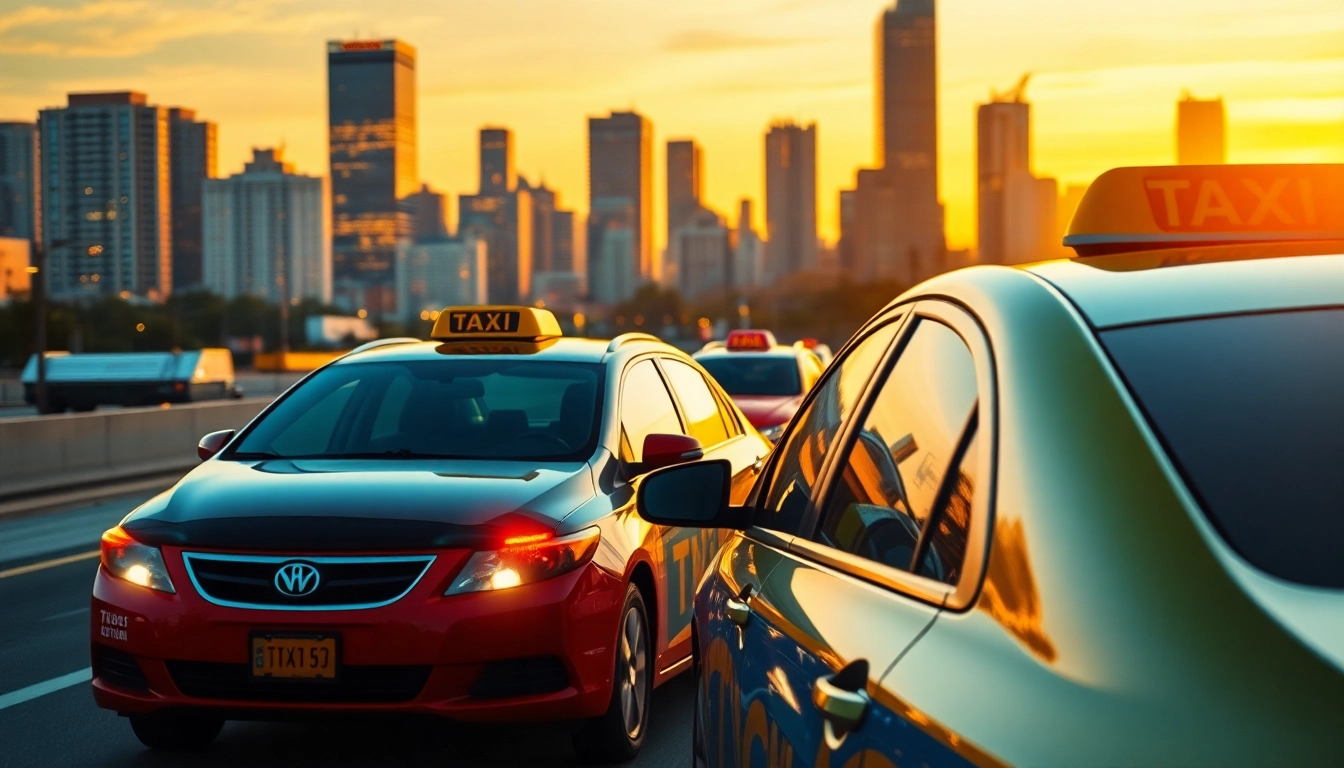 Experience taxis navigating a vibrant city at sunset, highlighting their dynamic presence.