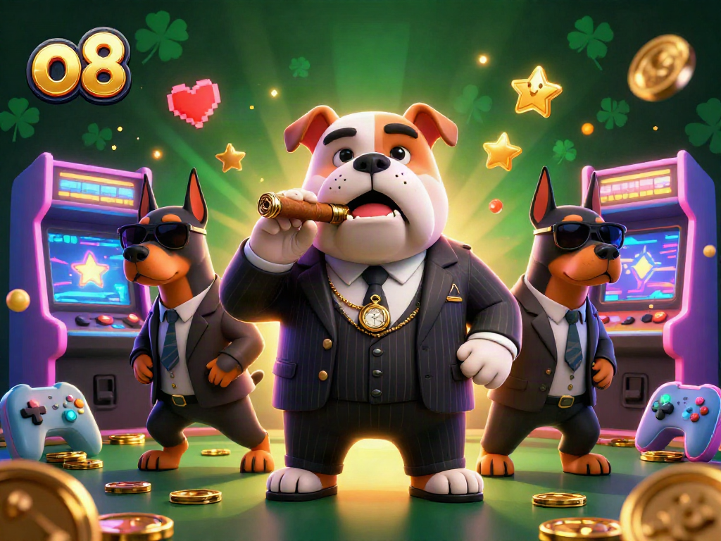 Join the action at o8 with the mafia boss bulldog and bodyguard Dobermans in a dynamic casino scene.