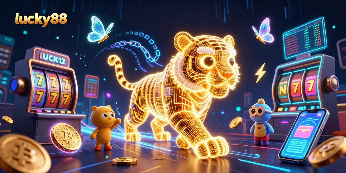 Experience thrilling gameplay with lucky88 as golden tiger and holographic butterflies illuminate a vibrant casino.