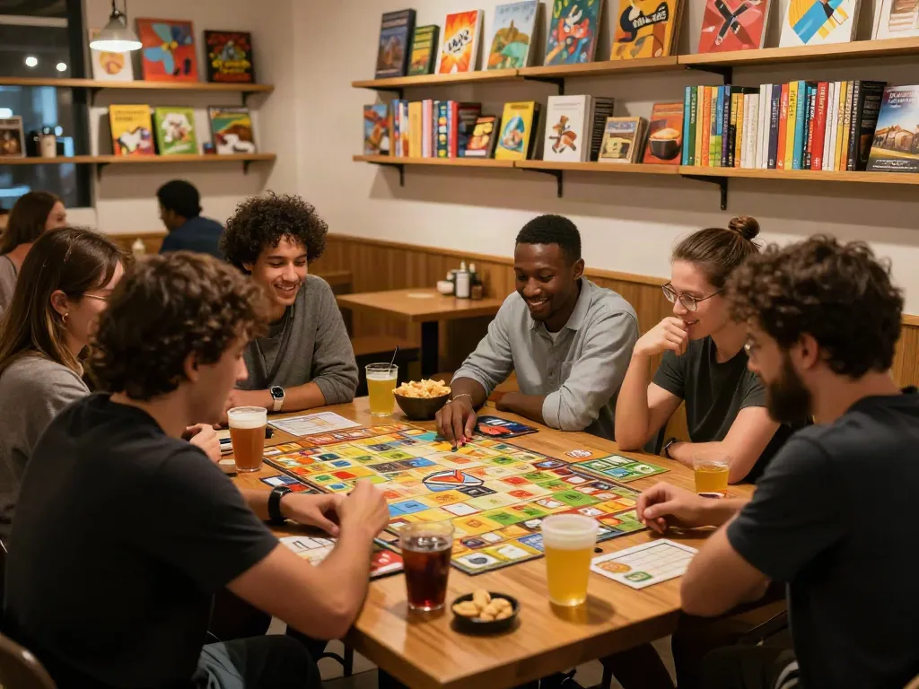 Meeplehaus.net cafe scene where friends enjoy board games together, showcasing vibrant game pieces and warm atmosphere.
