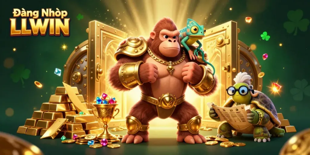 Experience Đăng Nhập LLWIN in a vibrant 3D casino scene filled with treasure and excitement.