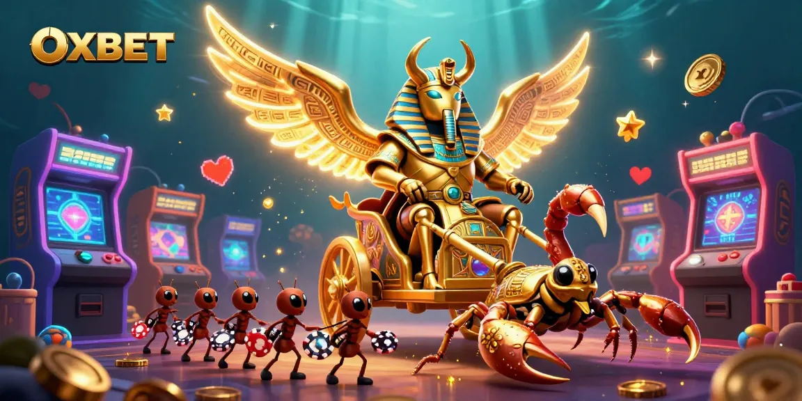 Experience the thrill of OXBET with a vibrant, action-packed casino illustration featuring iconic gaming elements.