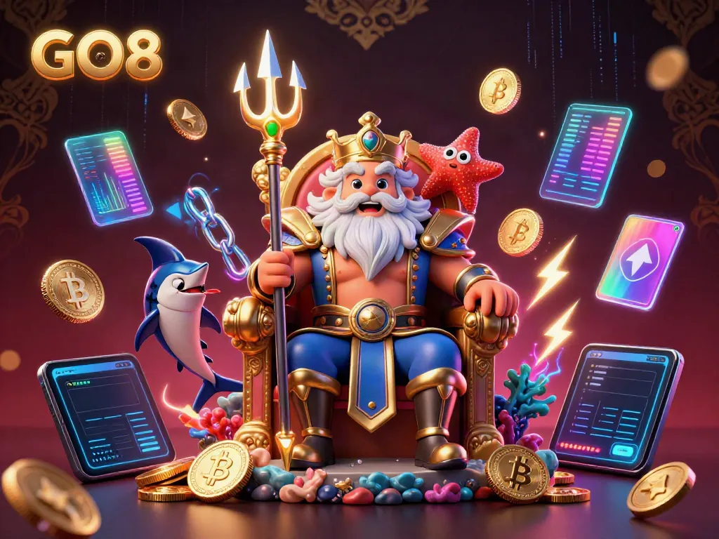 Experience the thrilling world of GO8 casino with Neptune surrounded by cryptocurrency elements.