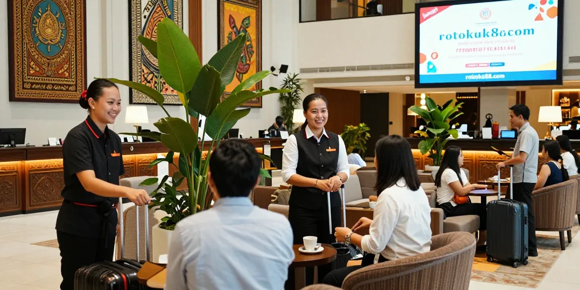 Guests experiencing warm hospitality at a lobby from https://rokok88.com, showcasing vibrant decor and friendly service.