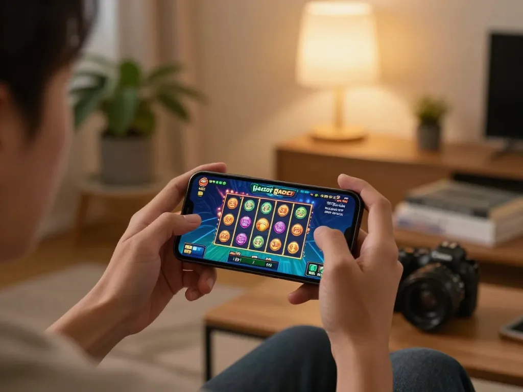 Engaged player spinning slot gacor on smartphone in cozy home setting, showcasing strategic online gaming.