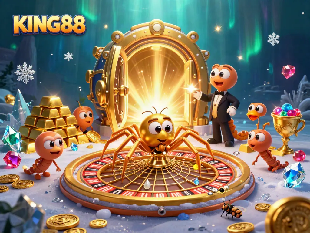 Spin the roulette with KING88 as the web of fortune unfolds in a vibrant casino world.
