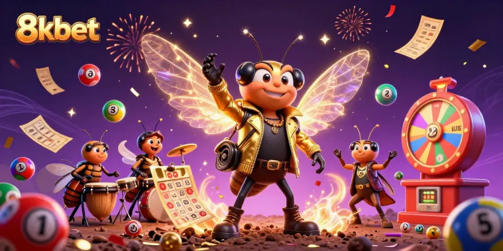 Experience thrilling excitement at 8kbet with lively characters and dynamic casino elements in a 3D illustration.