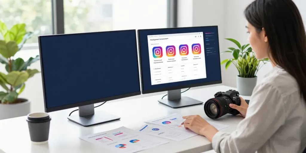 Professional woman boosting instagram followers in a modern office