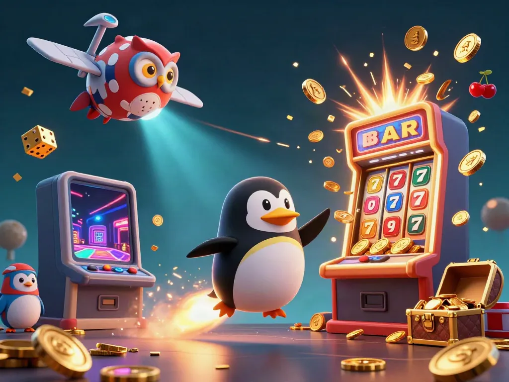 Experience the thrill of slot jackpot with the golden penguin racing towards a vibrant casino.