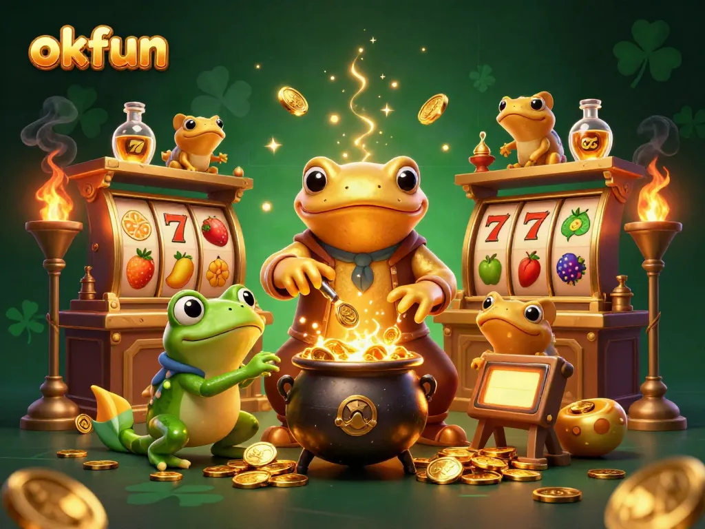 Experience the excitement of okfun's online casino with a vibrant 3D scene featuring golden alchemy and slot games.
