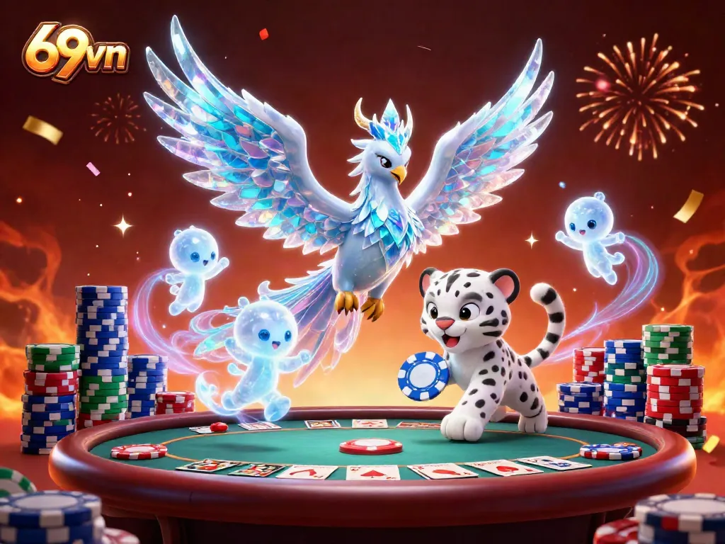 Experience the vibrant excitement of 69vn with a cartoon phoenix and poker elements in this casino-themed illustration.